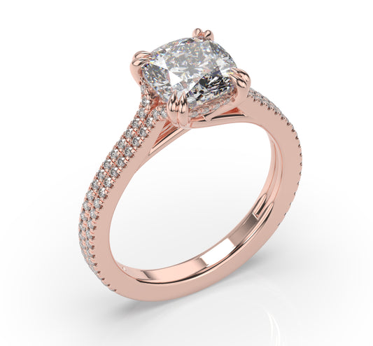 Cushion Rose Gold Double Pave Hidden Halo Style Engagement Ring 