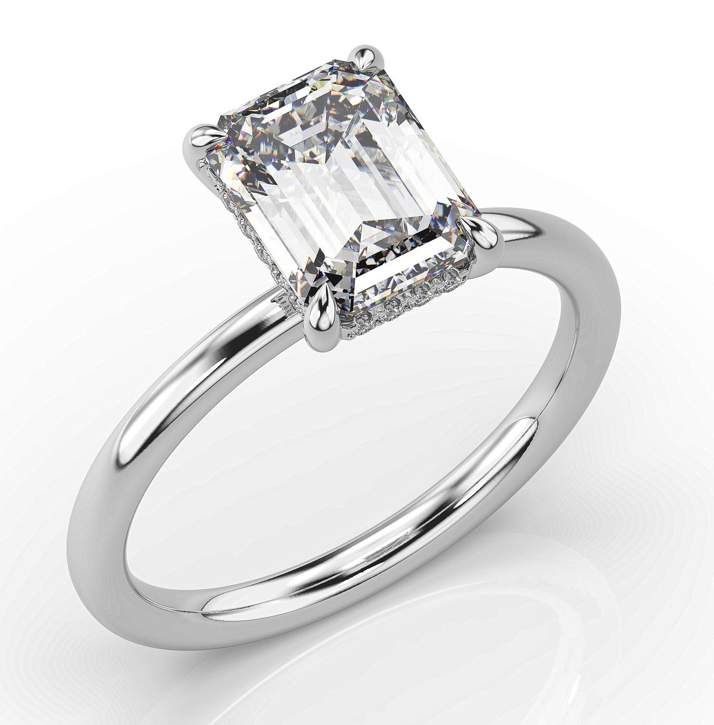 Emerald White Gold Hidden Halo Solitaire Engagement Ring