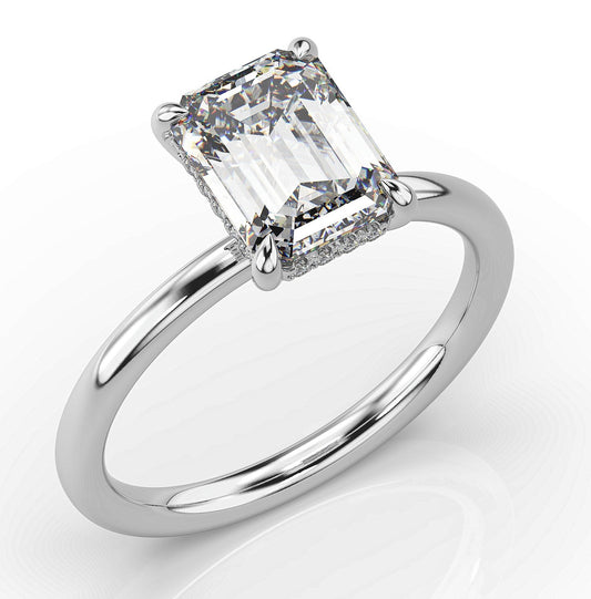 Emerald White Gold Hidden Halo Solitaire Engagement Ring