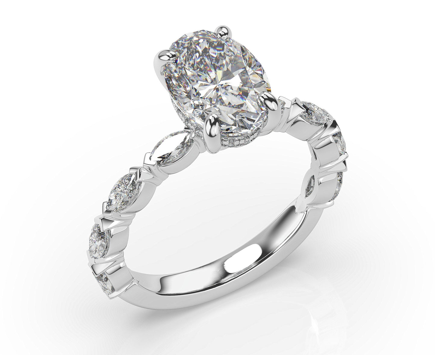 Oval Claw Set Marquise Band With Hidden Halo Style Engagement Ring