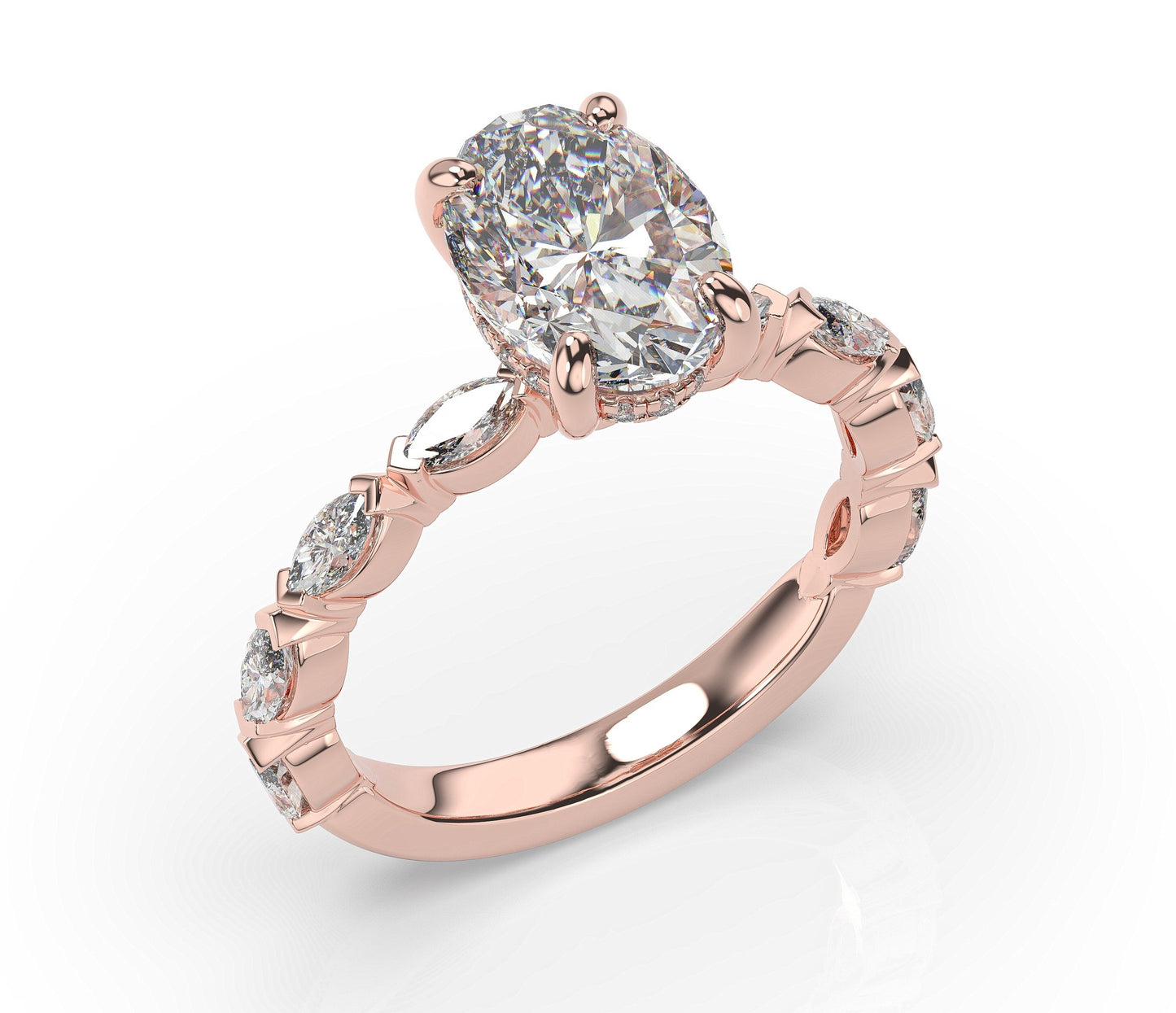 Oval Claw Set Marquise Band With Hidden Halo Style Engagement Ring