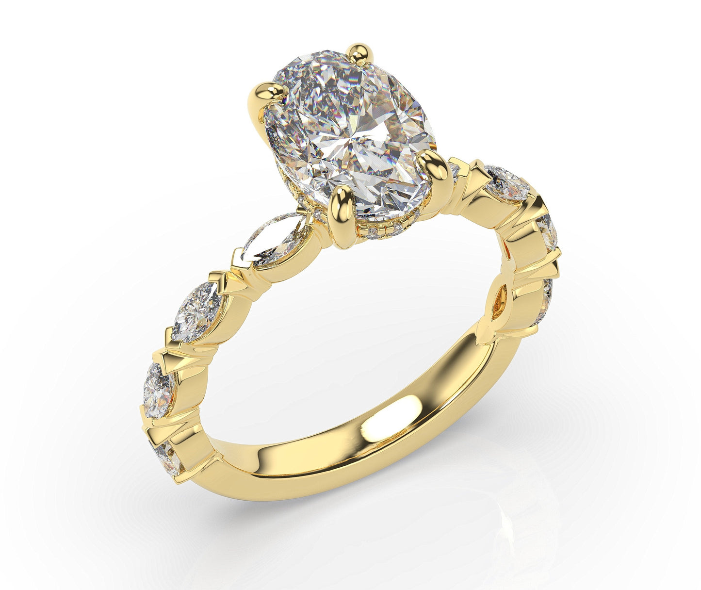 Oval Claw Set Marquise Band With Hidden Halo Style Engagement Ring