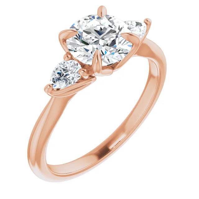 Round Brilliant Rose Gold Tri -Stone Style Pear Accent Engagement Ring