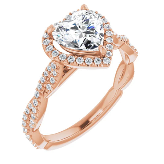 Heart Rose Gold Halo Twist Pave Moissanite Engagement Ring 