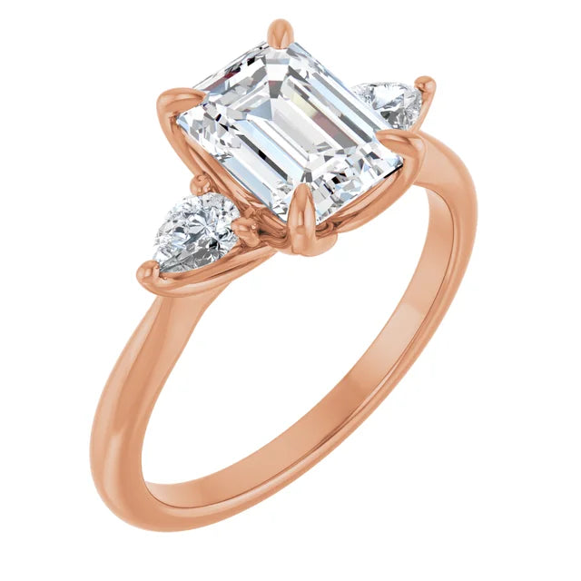 Emerald Rose Gold Tri -Stone Style Pear Accent Engagement Ring