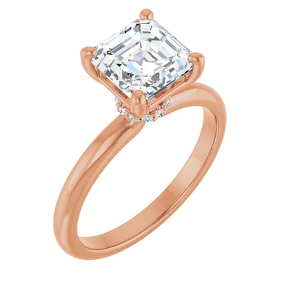 Asscher Cut Rose Gold Low Hidden Halo Solitaire Engagement Ring
