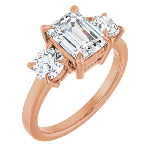 Emerald Rose Gold Tri Stone Lab Diamond Engagement Ring 