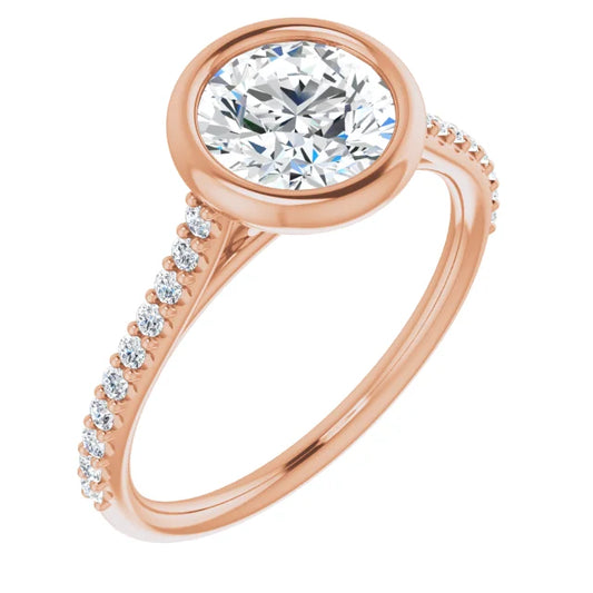 Round Brilliant Rose Gold Bezel Pave Lab Diamond Engagement Ring 