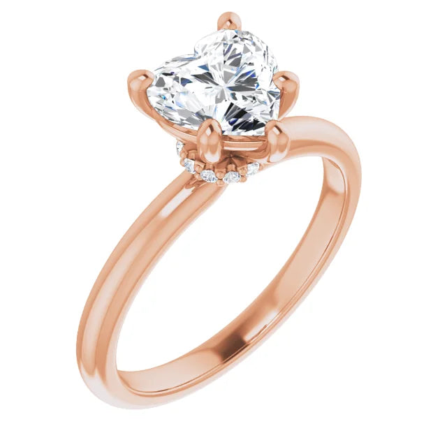 Heart Cut Rose Gold Low Hidden Halo Solitaire Engagement Ring