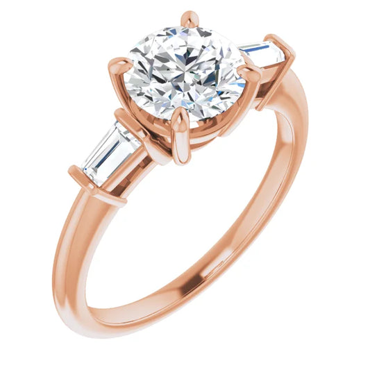 Round Brilliant Rose Gold Baguette Accent Lab Diamond Engagement Ring 