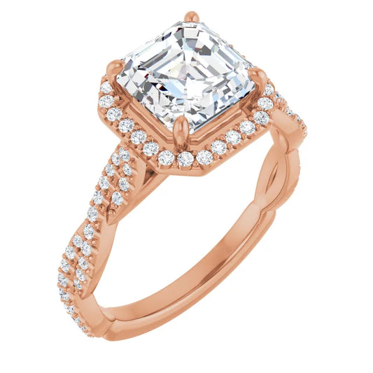 Asscher Rose Gold Halo Twist Pave Moissanite Engagement Ring 
