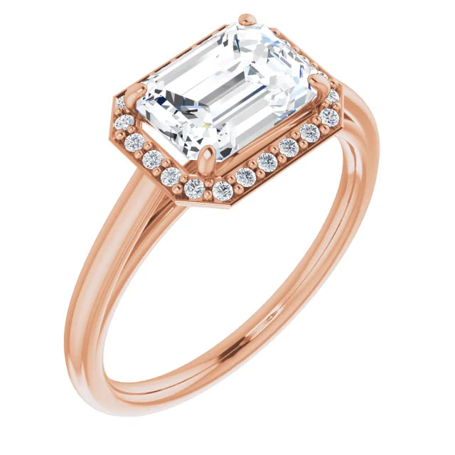 Emerald Rose Gold East West Halo Style Engagement Ring