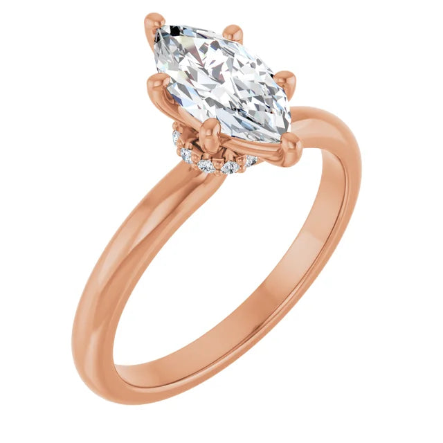 Marquise Cut Rose Gold Low Hidden Halo Solitaire Engagement Ring