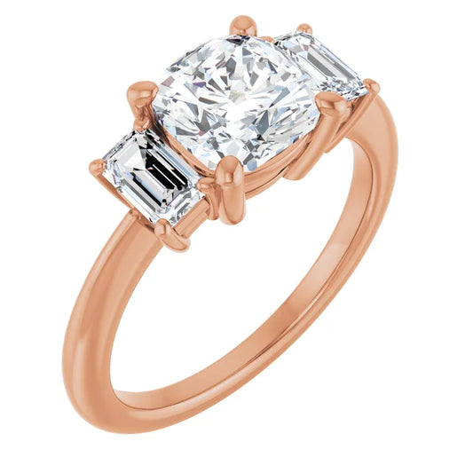 Cushion Rose Gold Tri Stone Lab Diamond Engagement Ring
