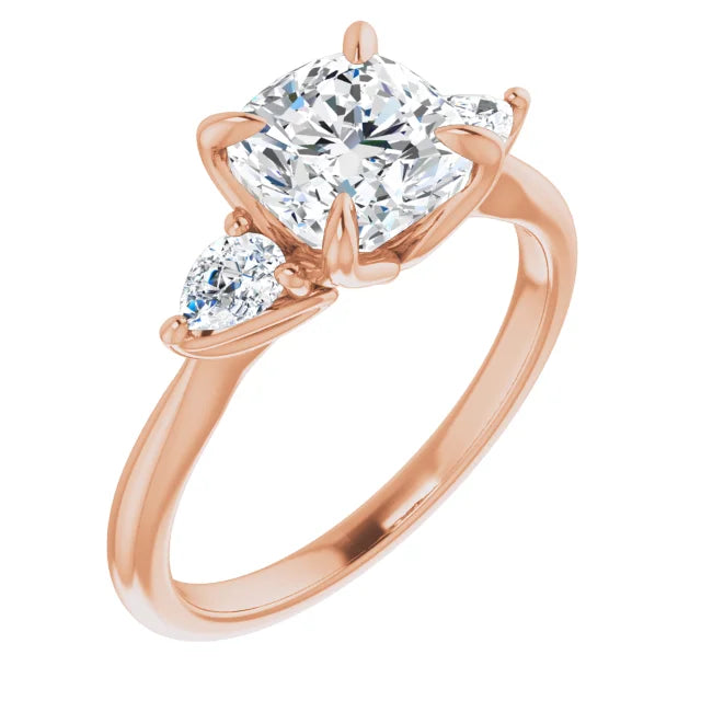 Cushion Rose Gold Tri -Stone Style Pear Accent Engagement Ring