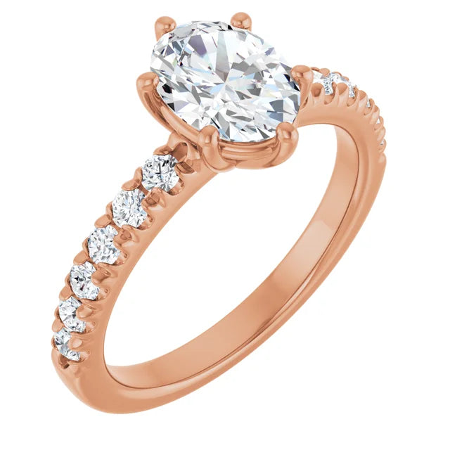 Oval Six Claw Pave Rose Gold Engagement Ring 