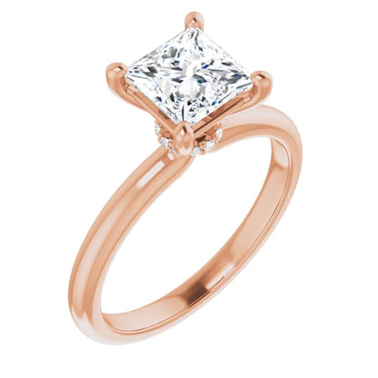 Princess Cut Rose Gold Low Hidden Halo Solitaire Engagement Ring