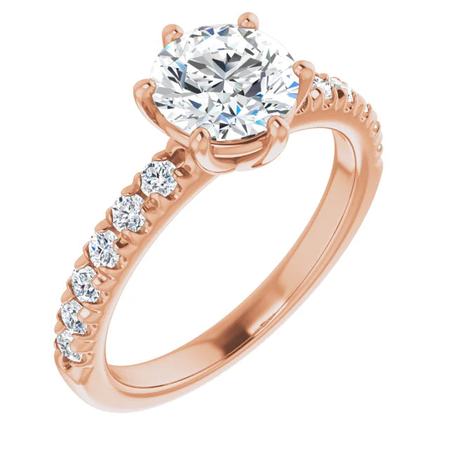 Round Brilliant Six Claw Pave Rose Gold Engagement Ring 