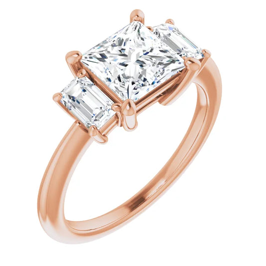 Princess Rose Gold Tri Stone Lab Diamond Engagement Ring