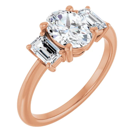 Oval Rose Gold Tri Stone Lab Diamond Engagement Ring
