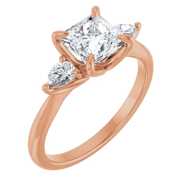Princess Rose Gold Tri -Stone Style Pear Accent Engagement Ring