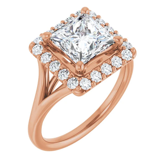 Princess Rose Gold Halo Solitaire Split Band Lab Diamond Engagement Ring 