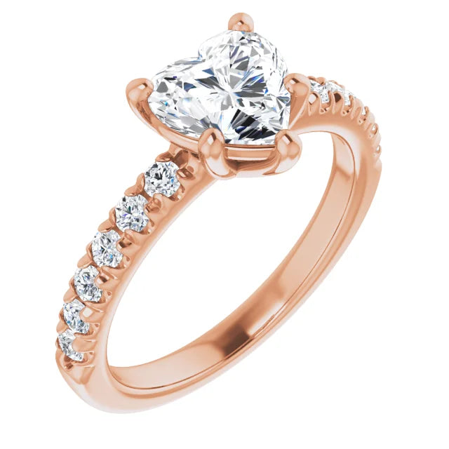 Heart Five Claw Pave Rose Gold Engagement Ring 