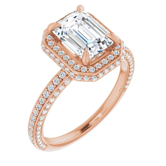Emerald Rose Gold Halo Pave Style Lab Diamond Engagement Ring 