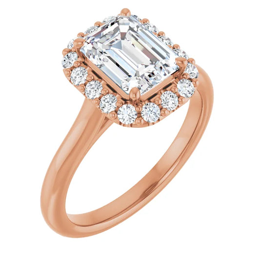 Emerald Halo Solitaire Rose Gold Lab Diamond Engagement Ring 