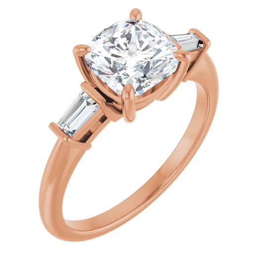 Cushion Rose Gold Baguette Accent Lab Diamond Engagement Ring 