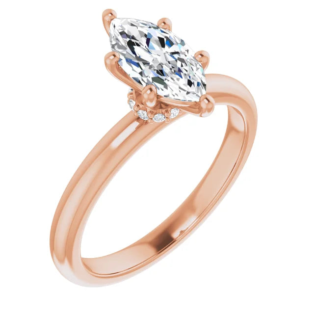 Marquise Cut Rose Gold Low Hidden Halo Solitaire Engagement Ring