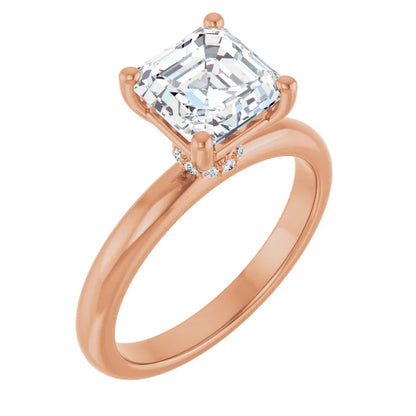 Asscher Cut Rose Gold Low Hidden Halo Solitaire Engagement Ring