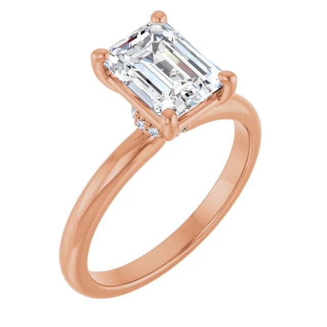 Emerald Cut Rose Gold Low Hidden Halo Solitaire Engagement Ring