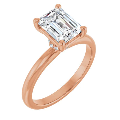 Emerald Cut Rose Gold Low Hidden Halo Solitaire Engagement Ring