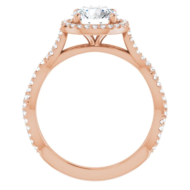 Round Brilliant Rose Gold Halo Twist Pave Moissanite Engagement Ring 