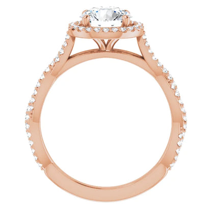 Round Brilliant Rose Gold Halo Twist Pave Moissanite Engagement Ring 