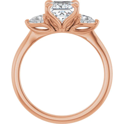 Princess Rose Gold Tri -Stone Style Pear Accent Engagement Ring