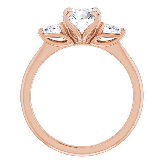 Round Brilliant Rose Gold Tri -Stone Style Pear Accent Engagement Ring