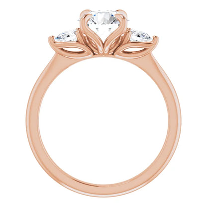 Round Brilliant Rose Gold Tri -Stone Style Pear Accent Engagement Ring