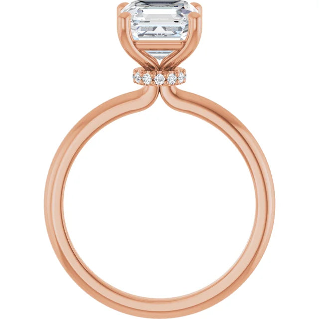 Asscher Cut Rose Gold Low Hidden Halo Solitaire Engagement Ring