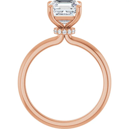 Asscher Cut Rose Gold Low Hidden Halo Solitaire Engagement Ring