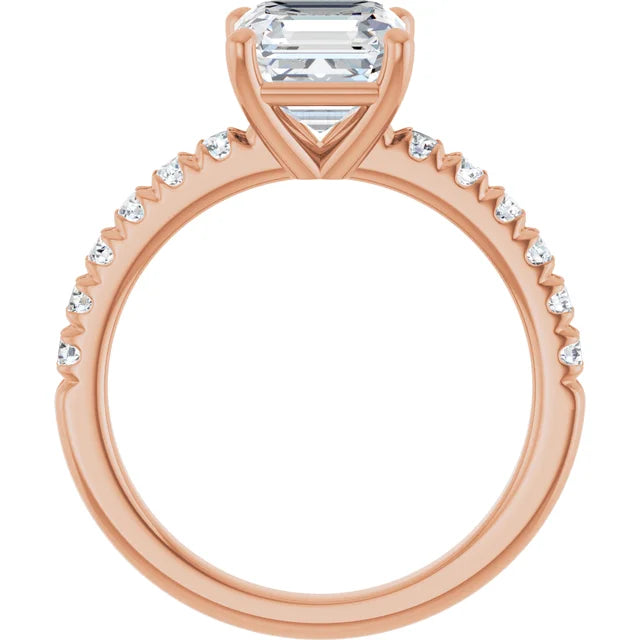 Asscher Four Claw Pave Rose Gold Engagement Ring 