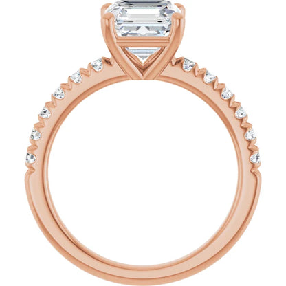Asscher Four Claw Pave Rose Gold Engagement Ring 