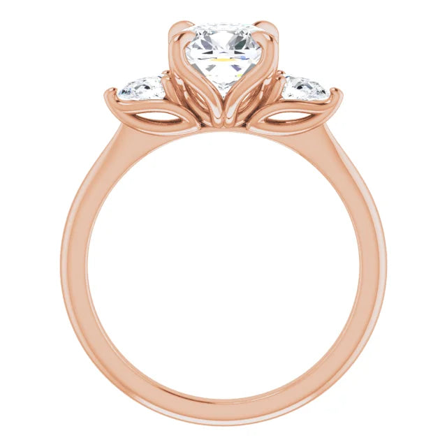 Cushion Rose Gold Tri -Stone Style Pear Accent Engagement Ring