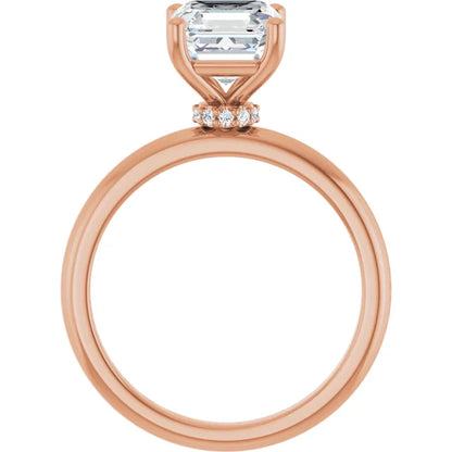 Asscher Cut Rose Gold Low Hidden Halo Solitaire Engagement Ring