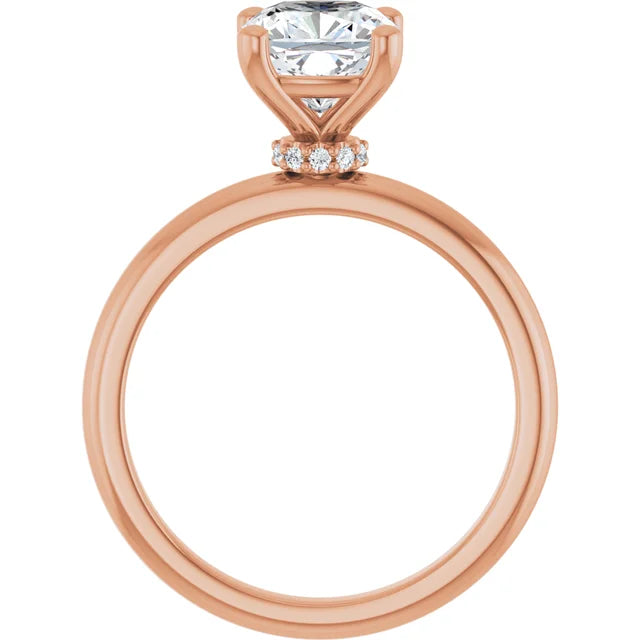 Cushion Cut Rose Gold Low Hidden Halo Solitaire Engagement Ring