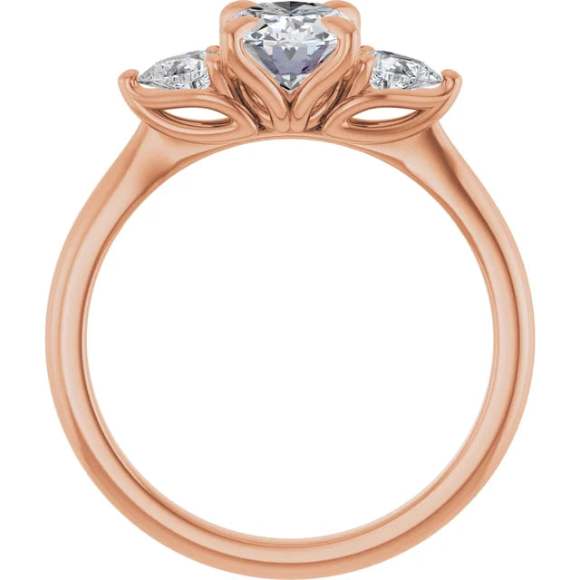 Oval Rose Gold Tri -Stone Style Pear Accent Engagement Ring