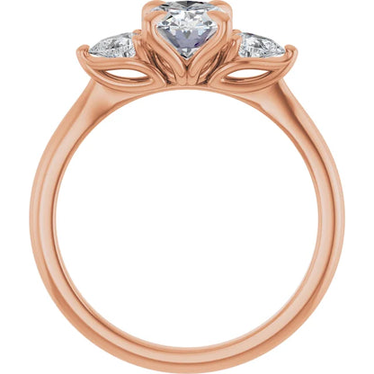 Oval Rose Gold Tri -Stone Style Pear Accent Engagement Ring