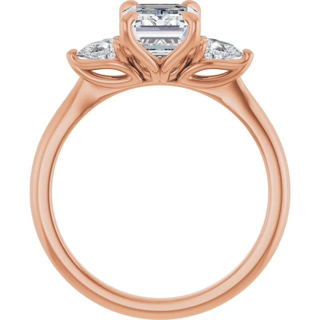 Emerald Rose Gold Tri -Stone Style Pear Accent Engagement Ring