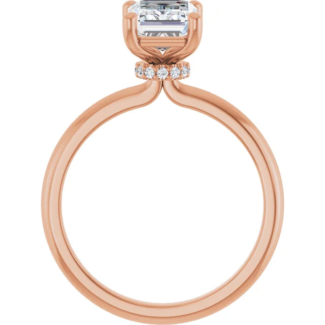 Emerald Cut Rose Gold Low Hidden Halo Solitaire Engagement Ring